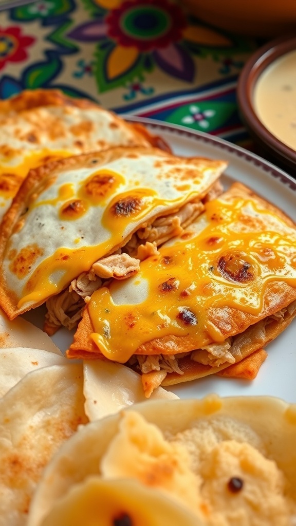 Crispy chicken quesadillas and soft corn gorditas on a vibrant table.